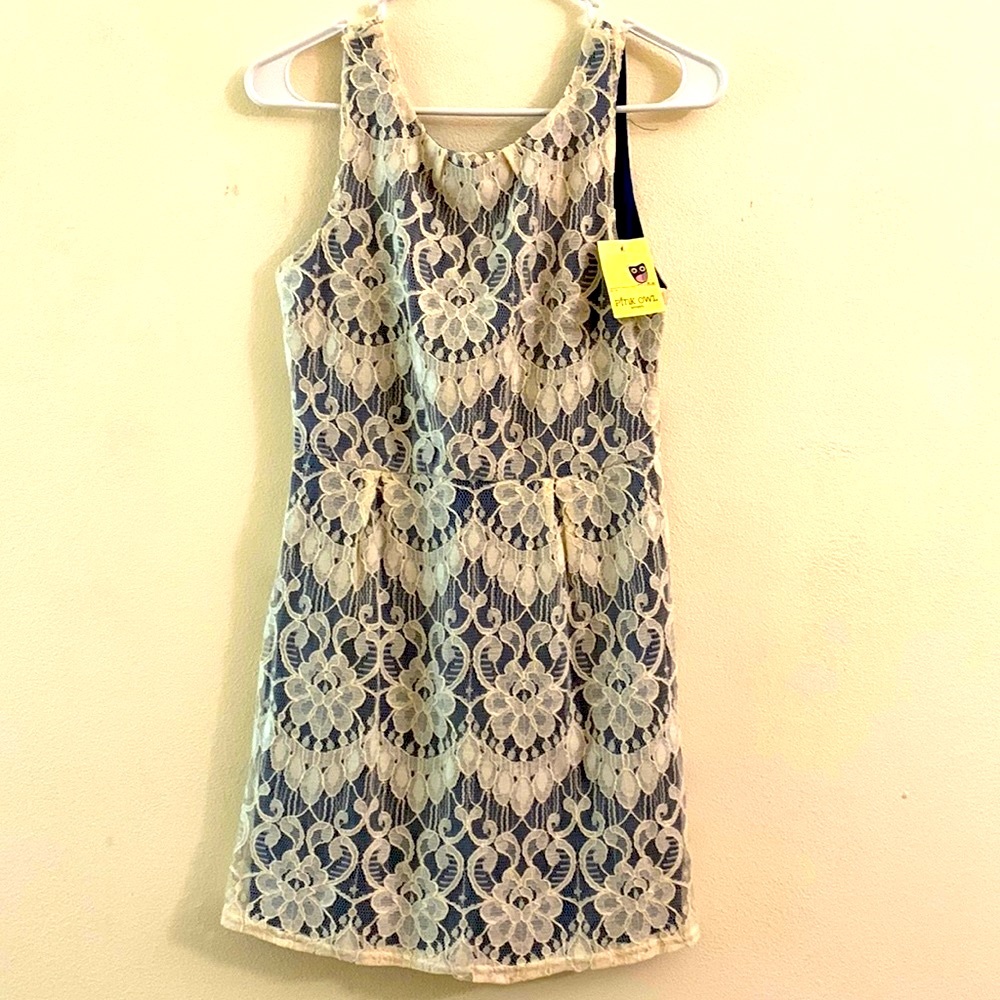🦋 Navy blue dress with Cream Lace New with Tag Small pink owl brand